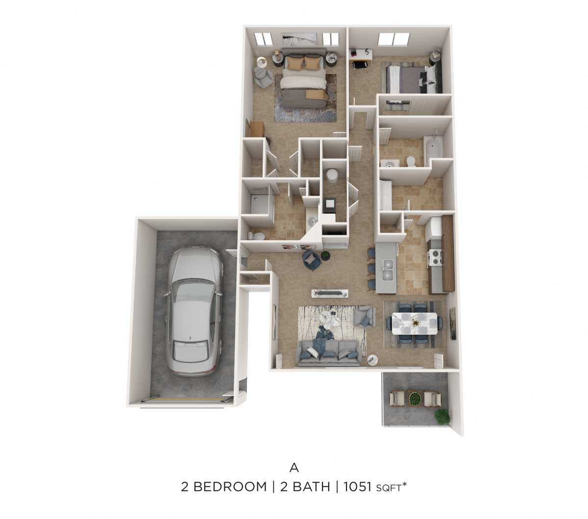 Floor plan for 2 beds, 2 baths, 1051 sqft